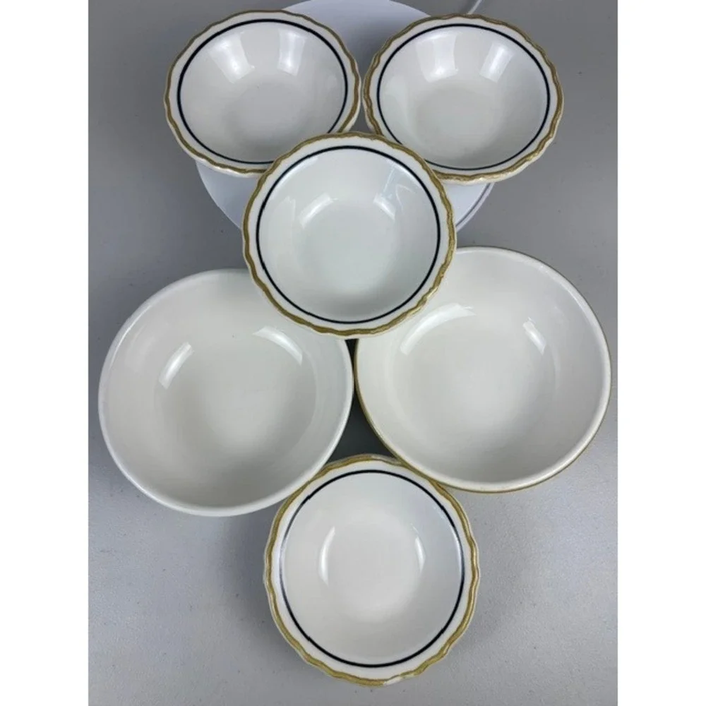 Homer Laughlin Restaurant Best China 6 Piece‎ Bowl Set Blue Gold Scalloped Rim
